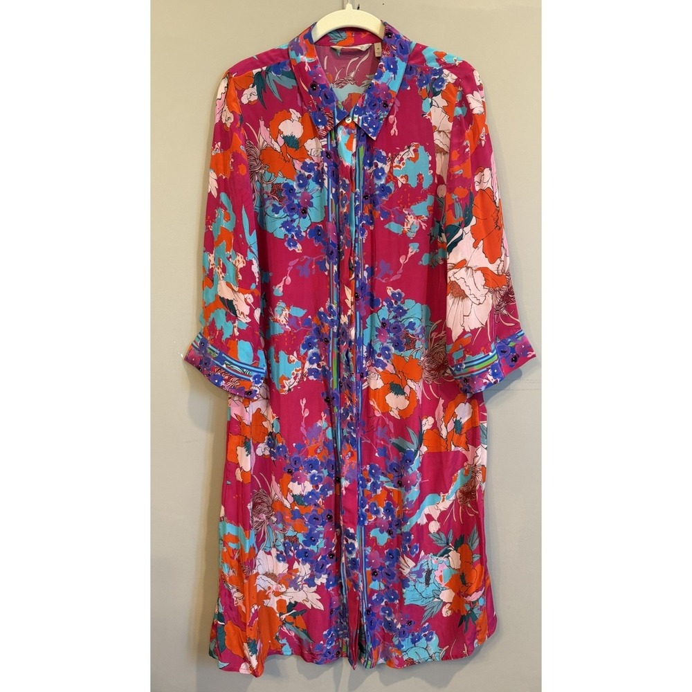 SOFT SURROUNDINGS Garden Path Shirt Dress Medium Bright Floral Midi Playful Pink
